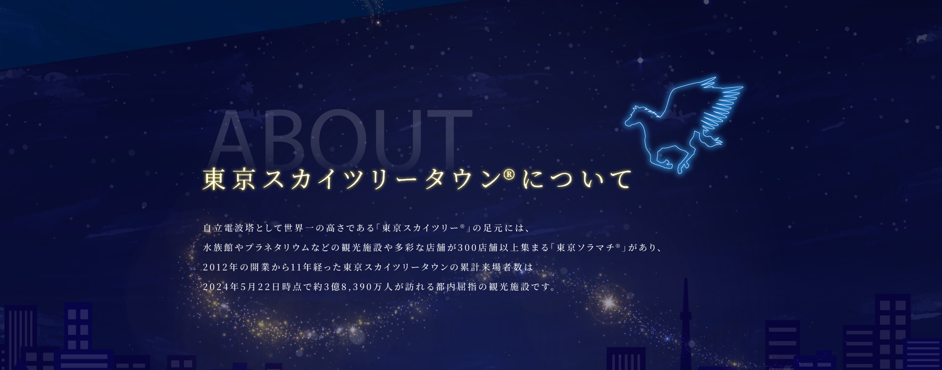 東京スカイツリータウン®︎について 自立電波塔として世界一の高さである「東京スカイツリー」の麓には、水族館やプラネタリウムなどの観光施設や多彩な店舗の集まる「東京ソラマチ®︎」があり、2012年の開業から11年経った東京スカイツリータウンの累計来場者数は2024年5月22日時点で約3億8,390万人が訪れる都内屈指の観光施設です。